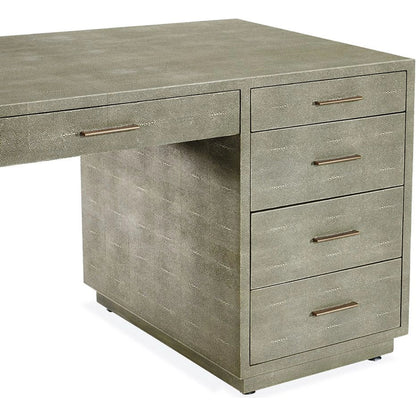 Livia Desk by Interlude Home in sorrel grey sharkskin, antique brass. Made from faux shagreen, iron in a modern style.