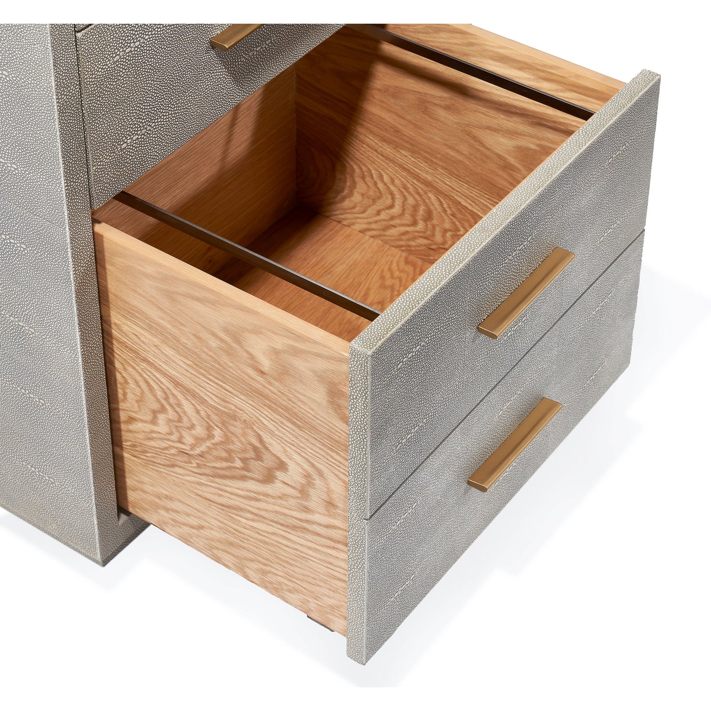 003 SI-1956152 | Closeup | Livia Desk by Interlude Home in sorrel grey sharkskin, antique brass. Made from faux shagreen, iron in a modern style.