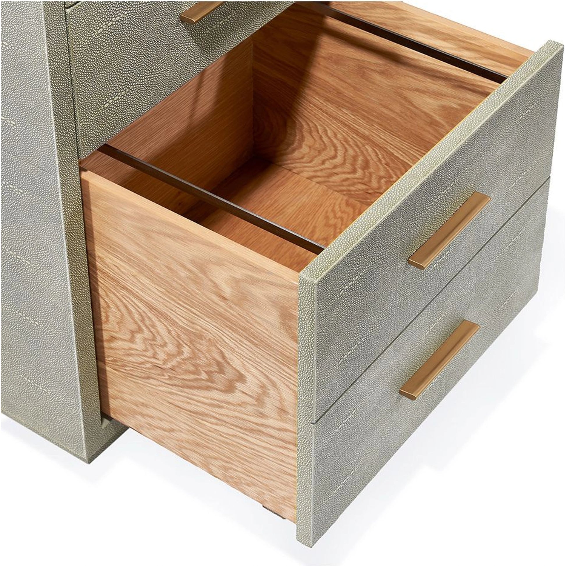 Livia Desk by Interlude Home in sorrel grey sharkskin, antique brass. Made from faux shagreen, iron in a modern style.