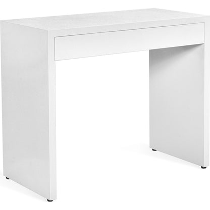 Taylor Petite Desk by Interlude Home in natural white, champagne silver. Made from wood, faux linen, iron in a modern style.