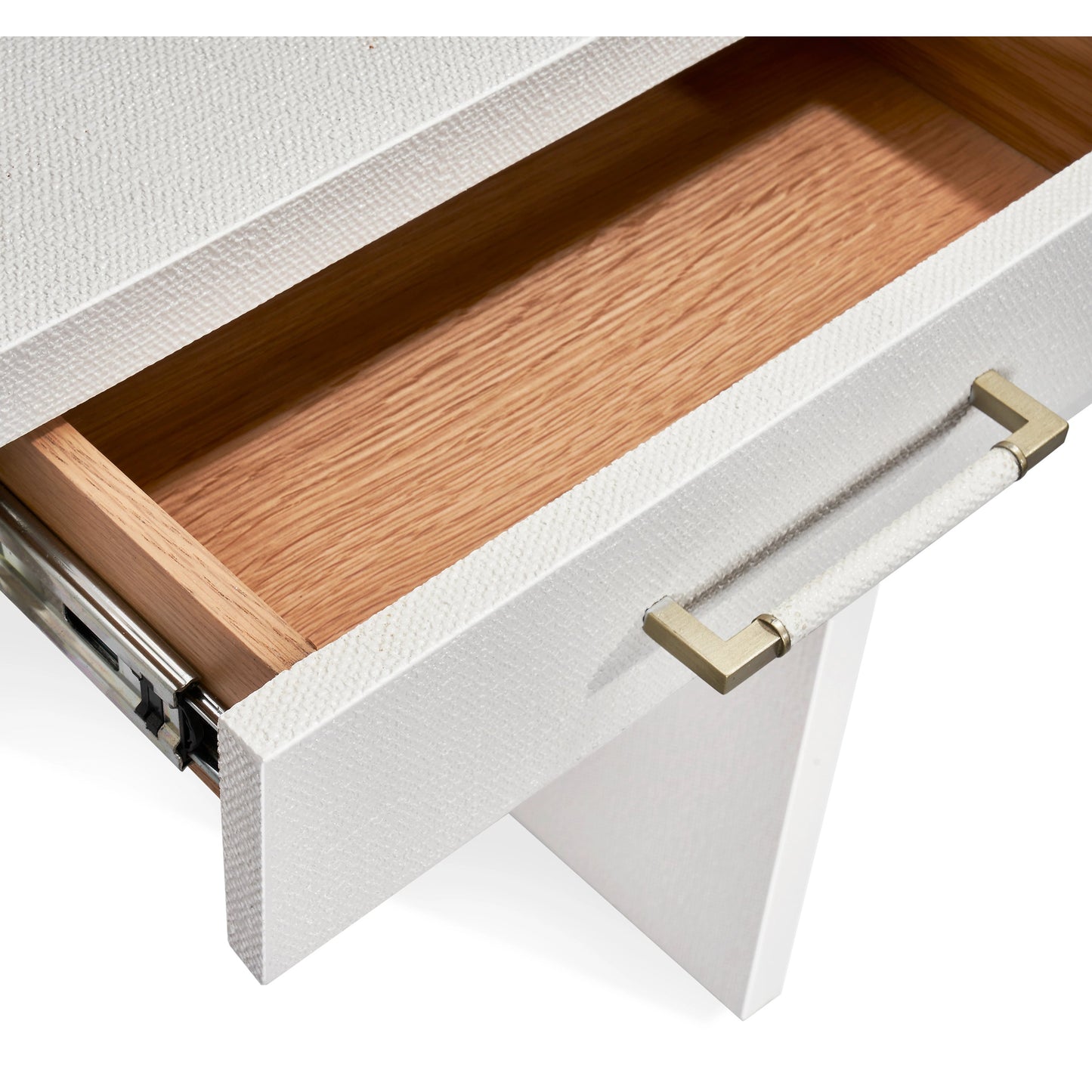 003 SI-1956199 | Closeup | Taylor Petite Desk by Interlude Home in natural white, champagne silver. Made from wood, faux linen, iron in a modern style.