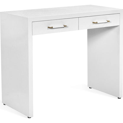 Taylor Petite Desk by Interlude Home in natural white, champagne silver. Made from wood, faux linen, iron in a modern style.