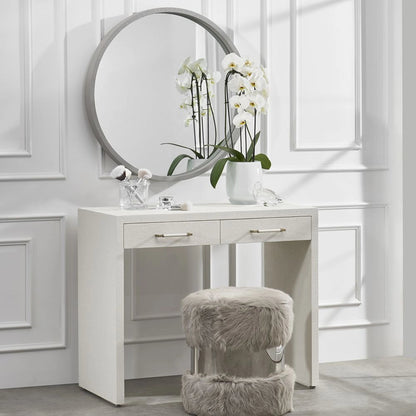 Taylor Petite Desk by Interlude Home in natural white, champagne silver. Made from wood, faux linen, iron in a modern style.