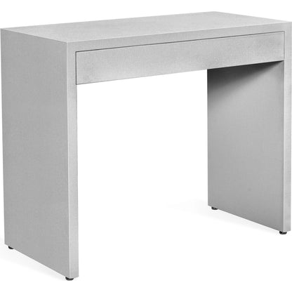 Taylor Petite Desk by Interlude Home in natural white, champagne silver. Made from wood, faux linen, iron in a modern style.