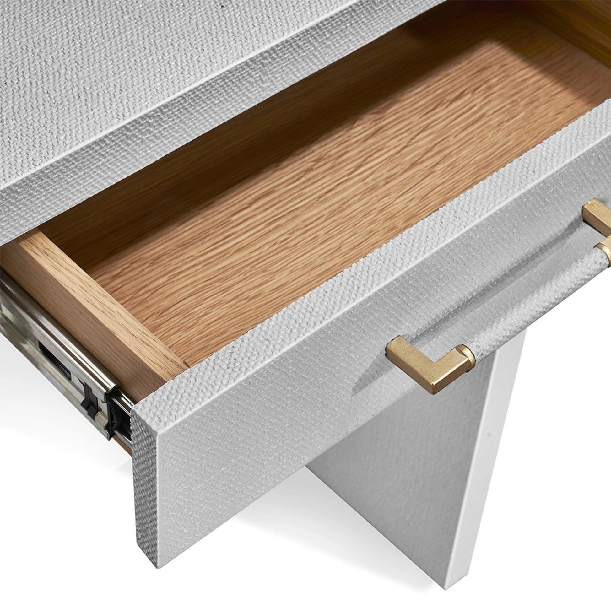 Taylor Petite Desk by Interlude Home in natural white, champagne silver. Made from wood, faux linen, iron in a modern style.