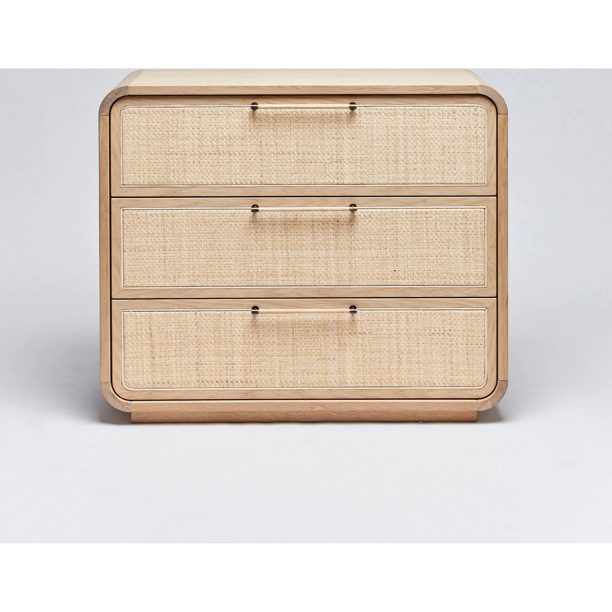 Marsh 3 Drawer Chest by Interlude Home in pale natural, blonde, dark antique bronze. Made from oak, rattan, metal in a cottage & farmhouse style.