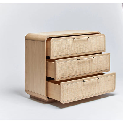 Marsh 3 Drawer Chest by Interlude Home in pale natural, blonde, dark antique bronze. Made from oak, rattan, metal in a cottage & farmhouse style.