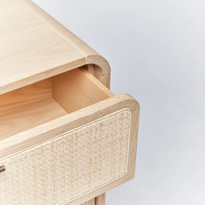 Marsh 3 Drawer Chest by Interlude Home in pale natural, blonde, dark antique bronze. Made from oak, rattan, metal in a cottage & farmhouse style.