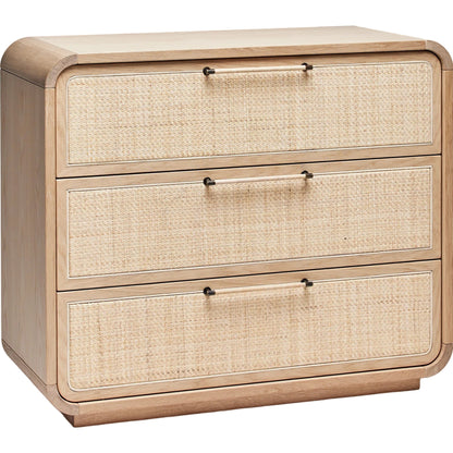 Marsh 3 Drawer Chest by Interlude Home in pale natural, blonde, dark antique bronze. Made from oak, rattan, metal in a cottage & farmhouse style.