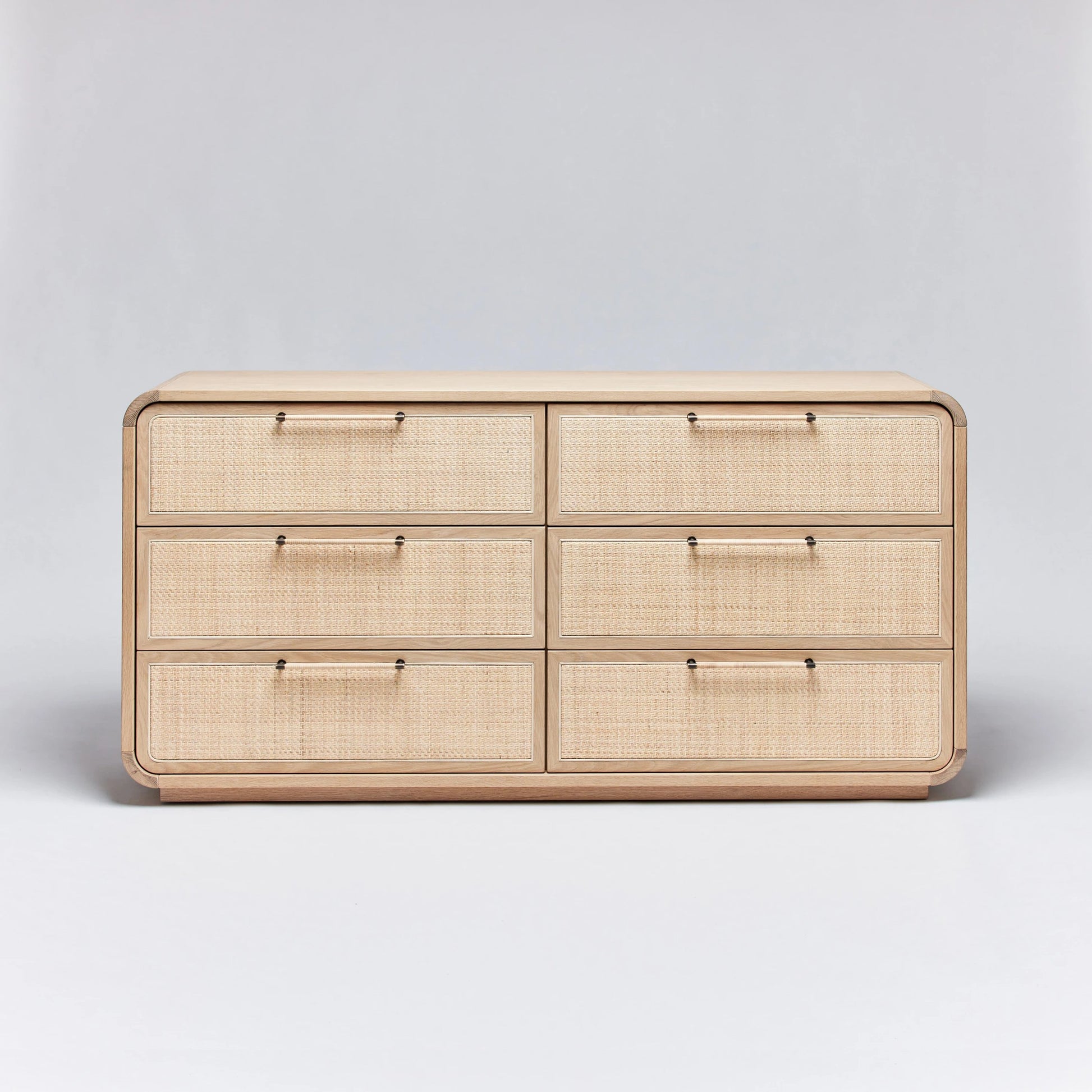 Marsh 6 Drawer Chest by Interlude Home in pale natural, blonde, dark antique bronze. Made from oak, rattan, metal in a cottage & farmhouse style.