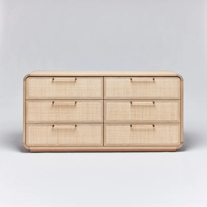 Marsh 6 Drawer Chest by Interlude Home in pale natural, blonde, dark antique bronze. Made from oak, rattan, metal in a cottage & farmhouse style.