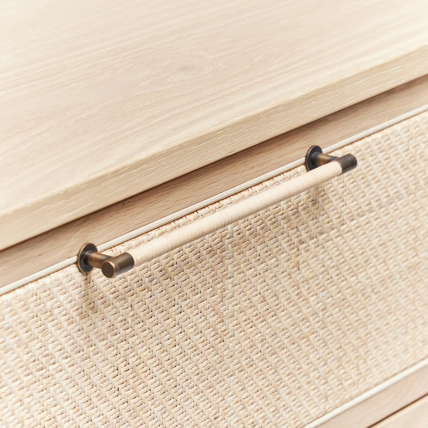 006 SI-2130787 | Closeup | Marsh 6 Drawer Chest by Interlude Home in pale natural, blonde, dark antique bronze. Made from oak, rattan, metal in a cottage & farmhouse style.