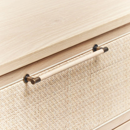 Marsh 6 Drawer Chest by Interlude Home in pale natural, blonde, dark antique bronze. Made from oak, rattan, metal in a cottage & farmhouse style.
