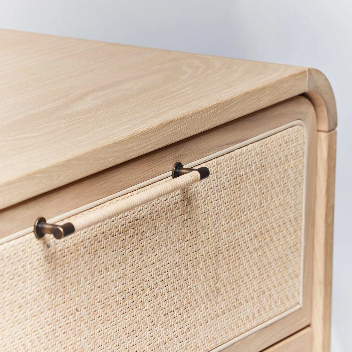 004 SI-2130787 | Closeup | Marsh 6 Drawer Chest by Interlude Home in pale natural, blonde, dark antique bronze. Made from oak, rattan, metal in a cottage & farmhouse style.