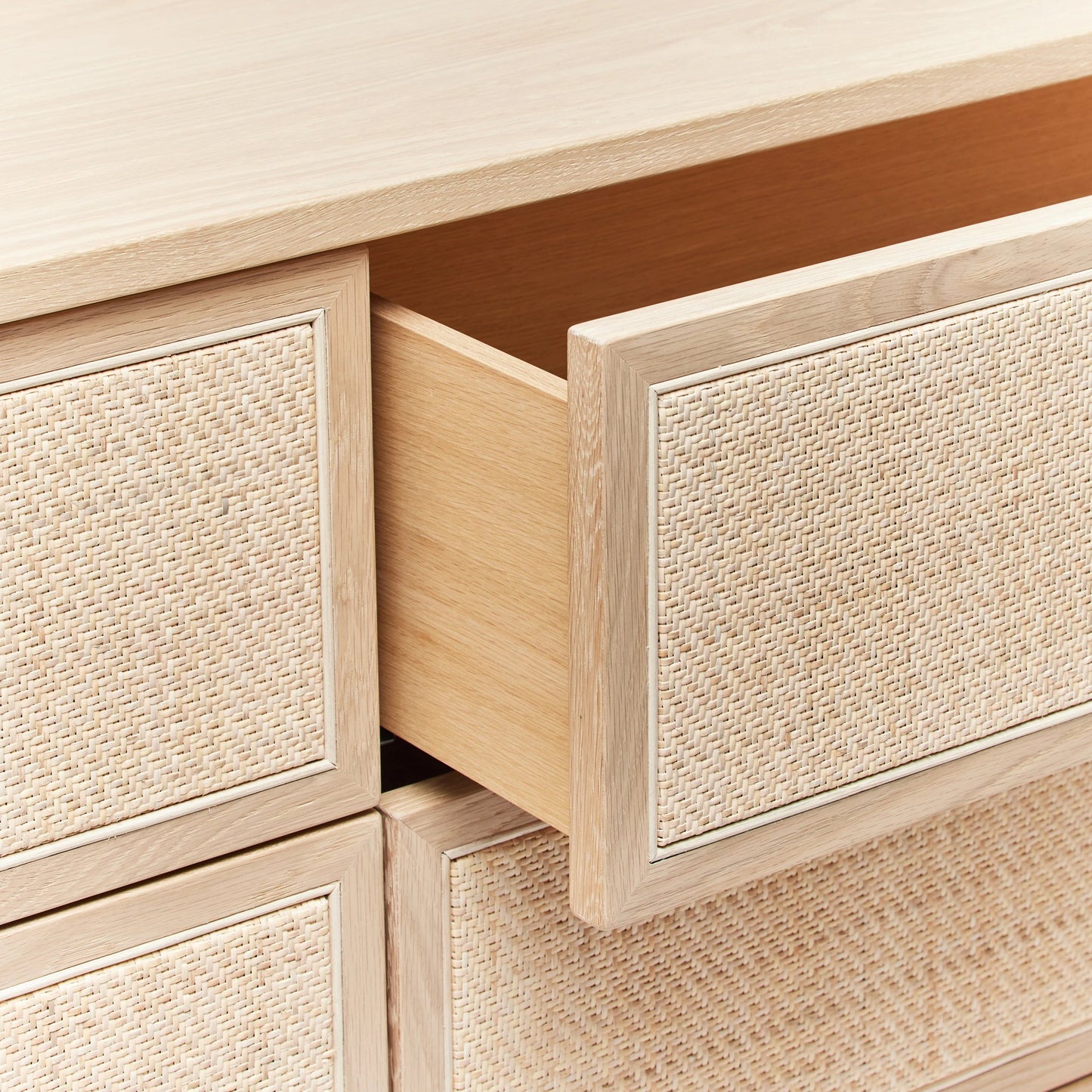 003 SI-2130787 | Closeup | Marsh 6 Drawer Chest by Interlude Home in pale natural, blonde, dark antique bronze. Made from oak, rattan, metal in a cottage & farmhouse style.