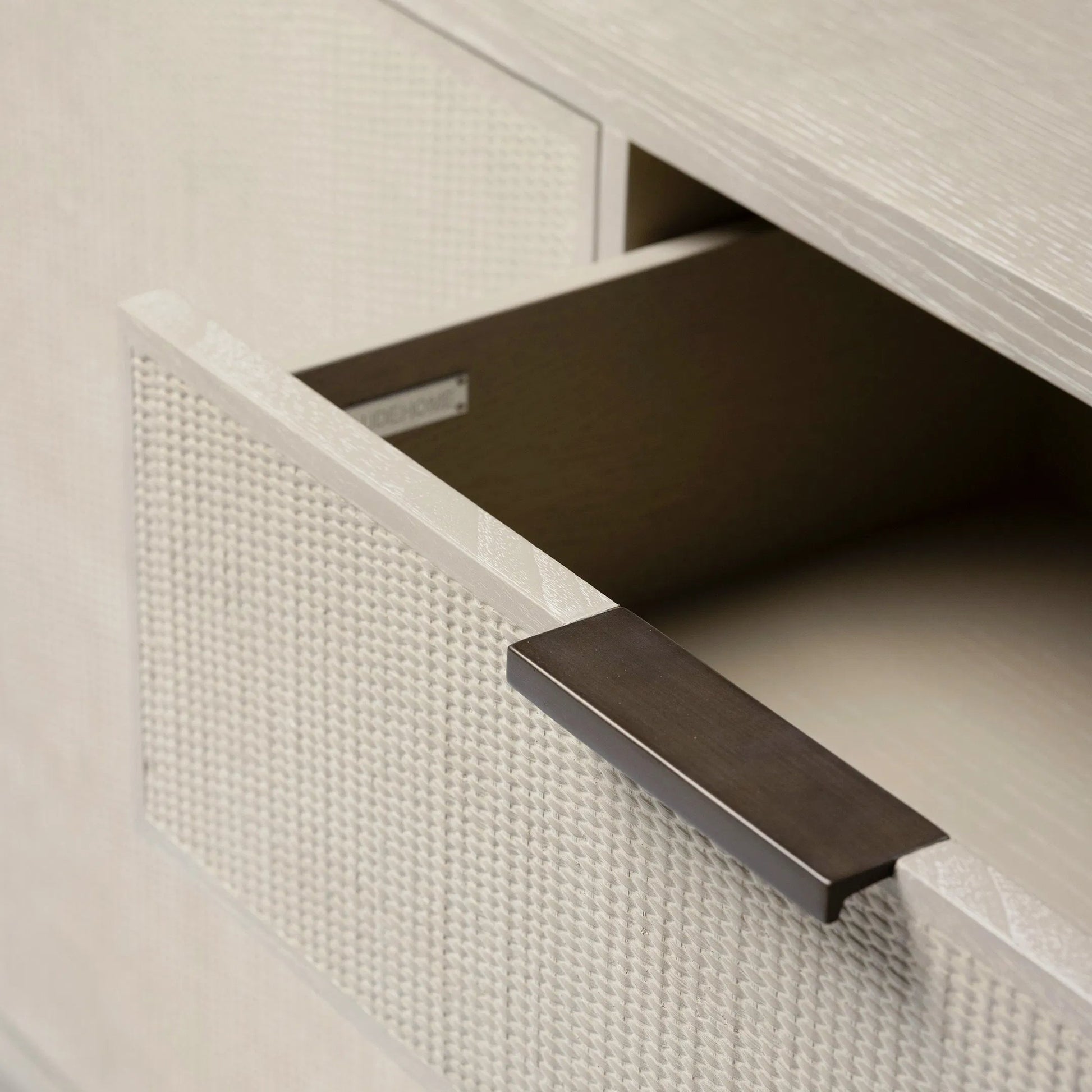 Holmes Credenza by Interlude Home in warm grey. Made from oak in a transitional style.