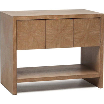 Lowell Bedside by Interlude Home in warm grey and harvest. Made from oak in a transitional style.