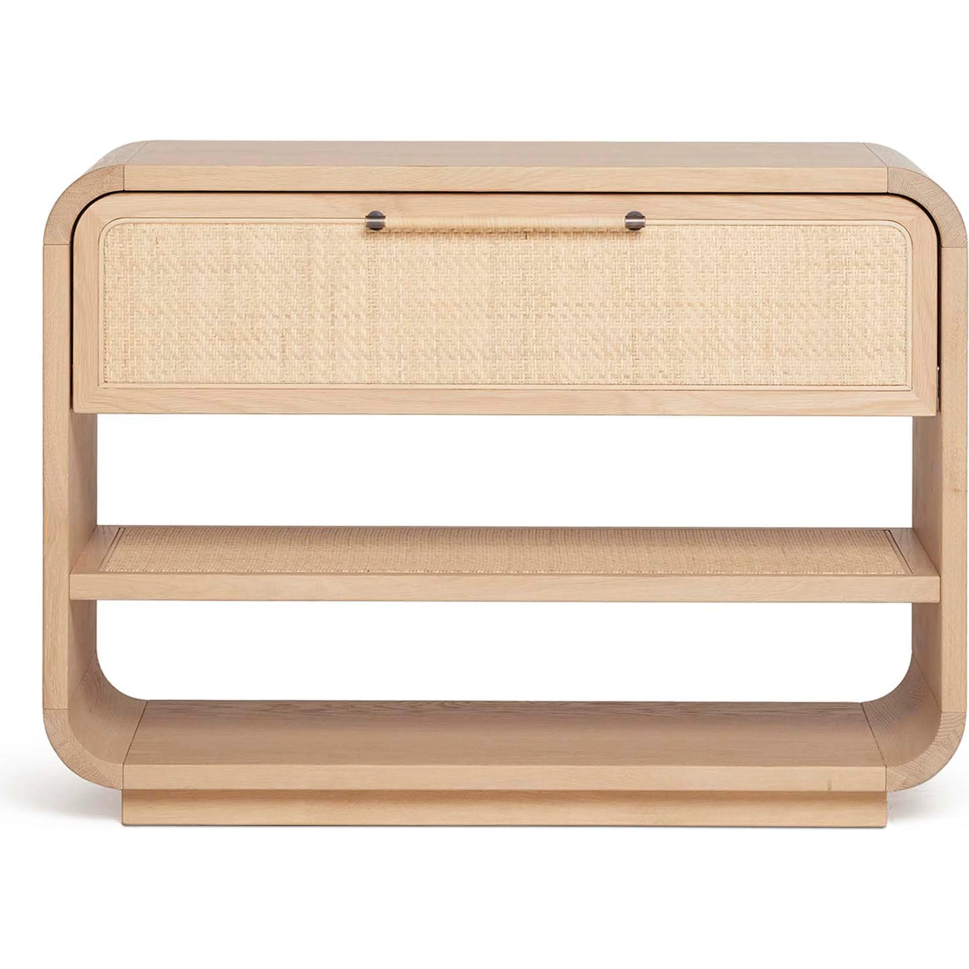 Marsh Large Bedside Chest by Interlude Home in saddle, blonde, dark antique bronze. Made from oak, rattan, metal in a unique style.