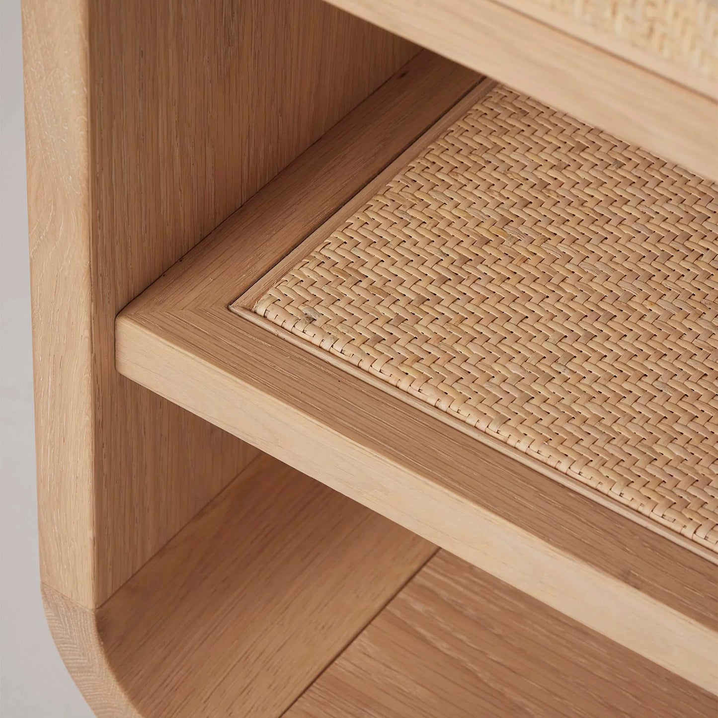 005 SI-2374578 | Closeup | Marsh Large Bedside Chest by Interlude Home in saddle, blonde, dark antique bronze. Made from oak, rattan, metal in a unique style.