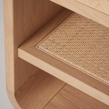 Marsh Large Bedside Chest by Interlude Home in saddle, blonde, dark antique bronze. Made from oak, rattan, metal in a unique style.