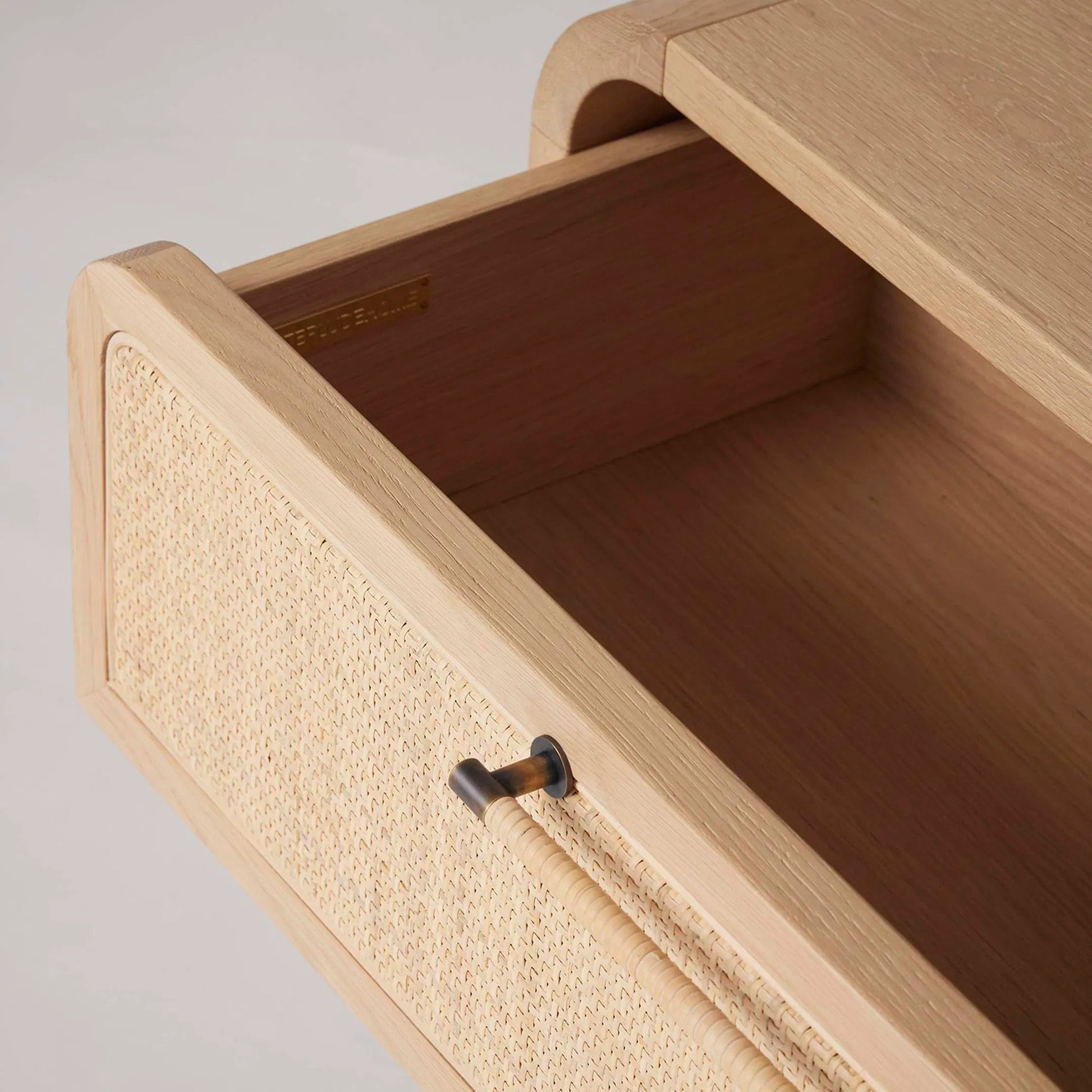 Marsh Large Bedside Chest by Interlude Home in saddle, blonde, dark antique bronze. Made from oak, rattan, metal in a unique style.