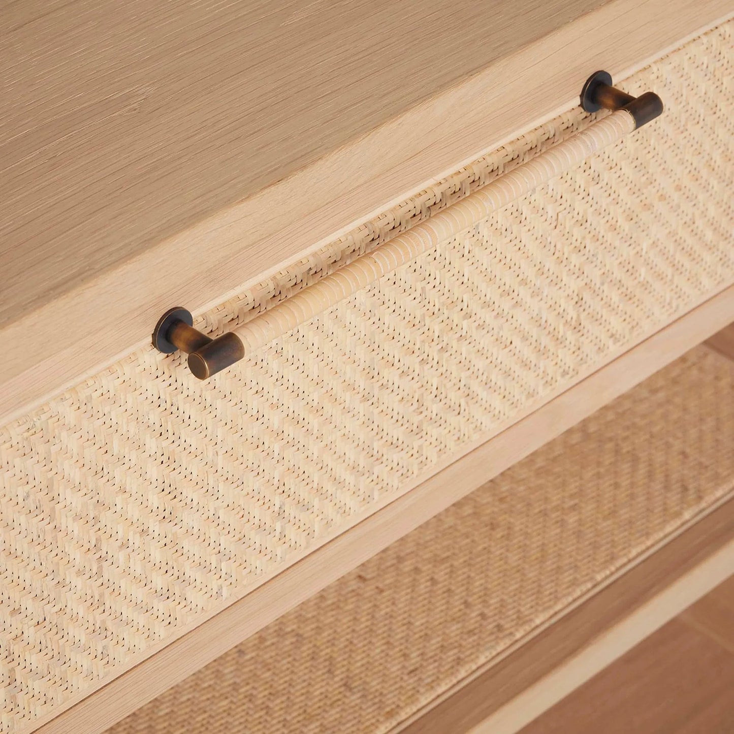 003 SI-2374578 | Closeup | Marsh Large Bedside Chest by Interlude Home in saddle, blonde, dark antique bronze. Made from oak, rattan, metal in a unique style.