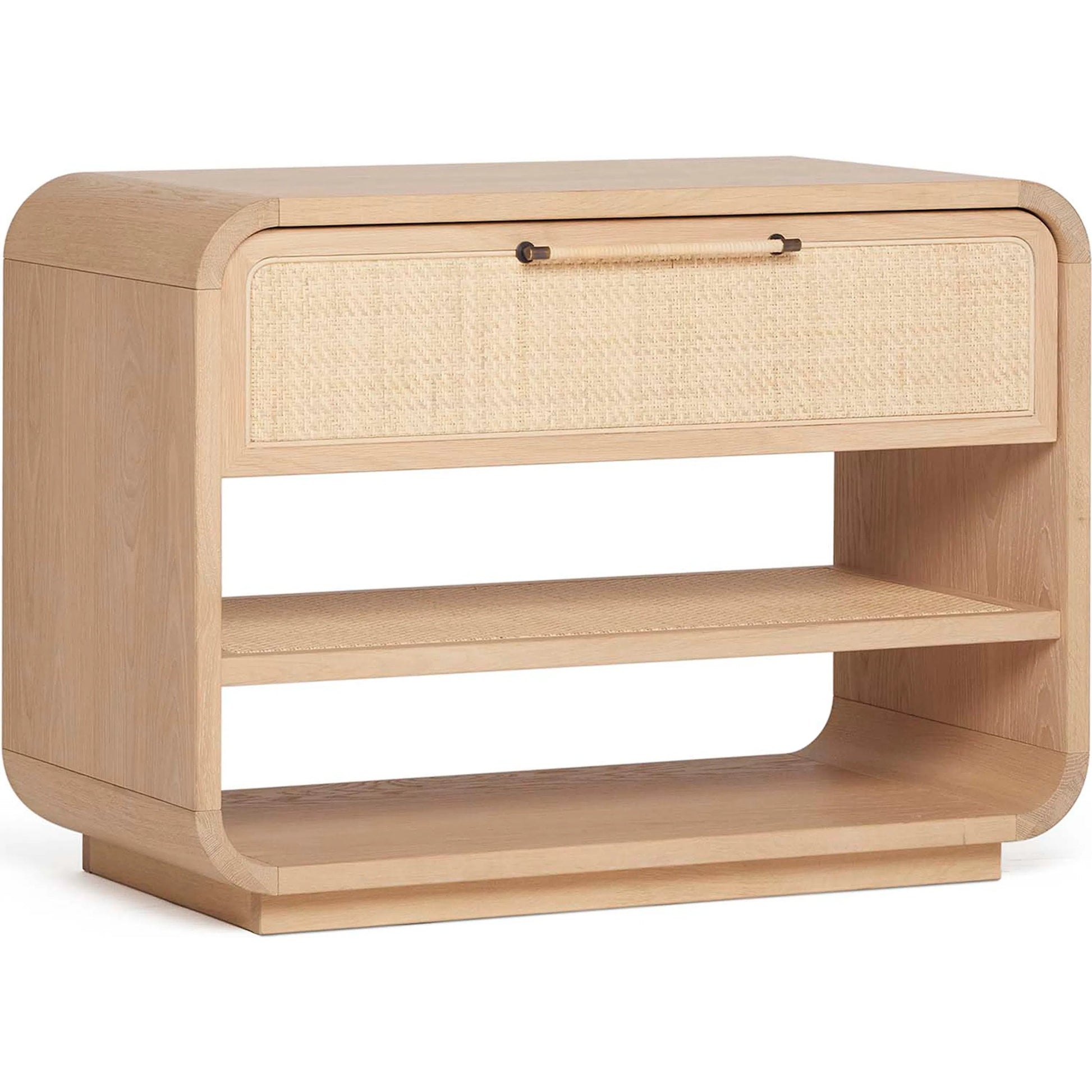 Marsh Large Bedside Chest by Interlude Home in saddle, blonde, dark antique bronze. Made from oak, rattan, metal in a unique style.