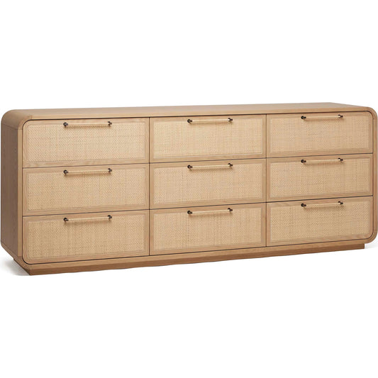 Marsh 9 Drawer Chest by Interlude Home in saddle, blonde, dark antique bronze. Made from oak, rattan, metal in a unique style.
