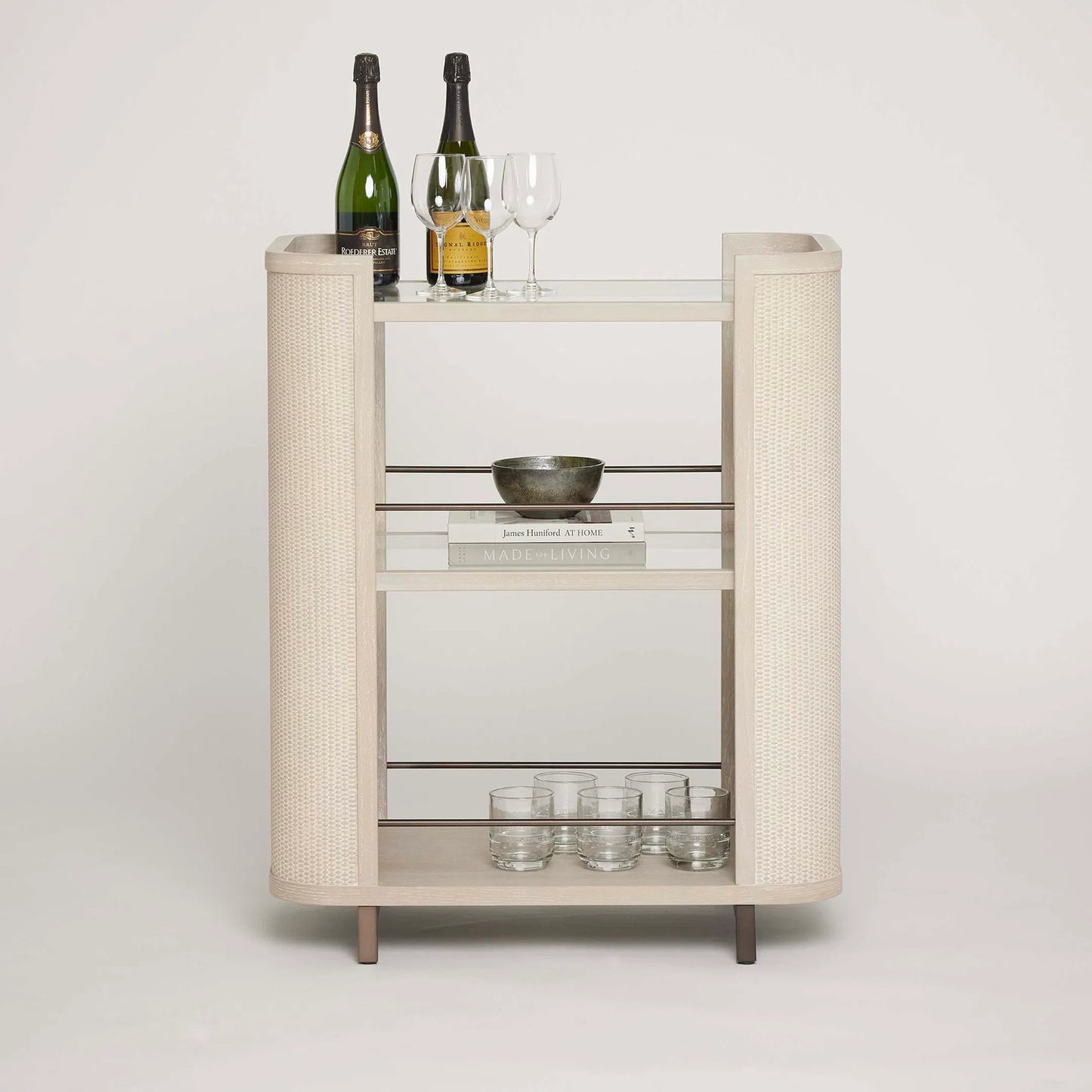 005 SI-2374554 | Lifestyle | Holmes Bar Cart by Interlude Home in cliffside, classic bronze, clear. Made from oak, metal, glass in a transitional style.