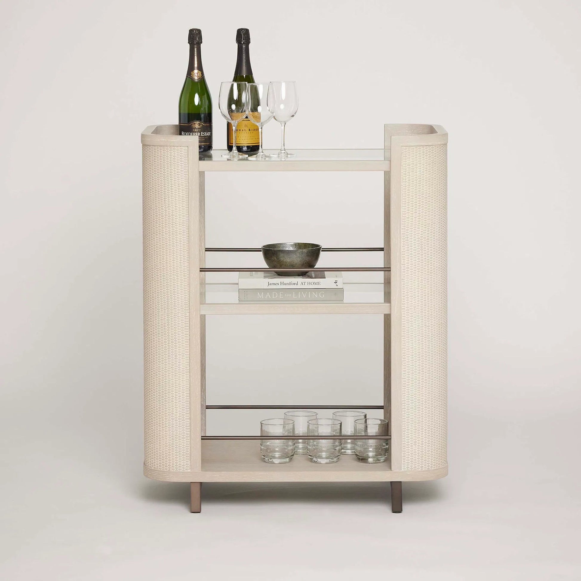 Holmes Bar Cart by Interlude Home in cliffside, classic bronze, clear. Made from oak, metal, glass in a transitional style.