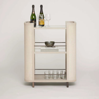 Holmes Bar Cart by Interlude Home in cliffside, classic bronze, clear. Made from oak, metal, glass in a transitional style.