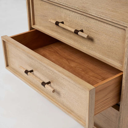 Clement Small Bedside Chest by Interlude Home in washed taupe, brushed brass. Made from mahogany, faux horn, metal in a transitional style.