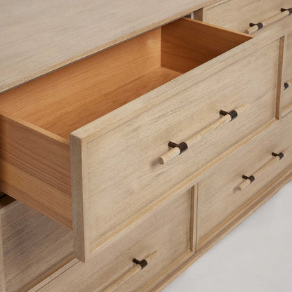 Clement 9 Drawer Chest by Interlude Home in washed taupe, brushed brass. Made from mahogany, faux horn, metal in a transitional style.