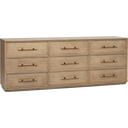 Clement 9 Drawer Chest by Interlude Home in washed taupe, brushed brass. Made from mahogany, faux horn, metal in a transitional style.