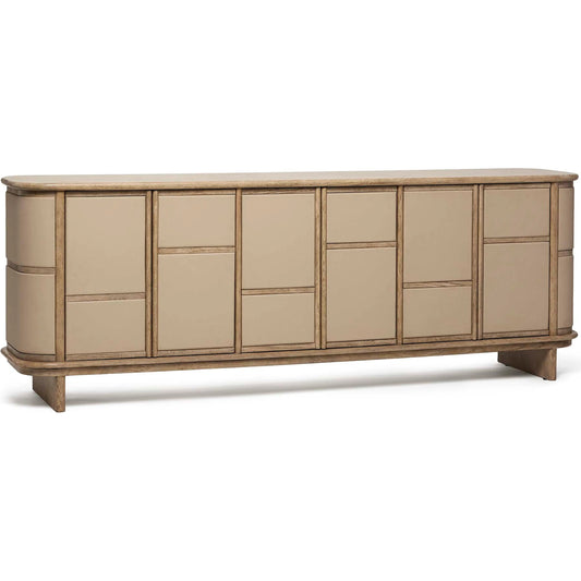 Guilford Credenza by Interlude Home in washed taupe, cream latte. Made from oak, vegan leather in a unique style.