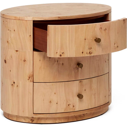 Blaine Bedside Chest by Interlude Home in canyon, golden bronze. Made from burl, metal in a transitional style.