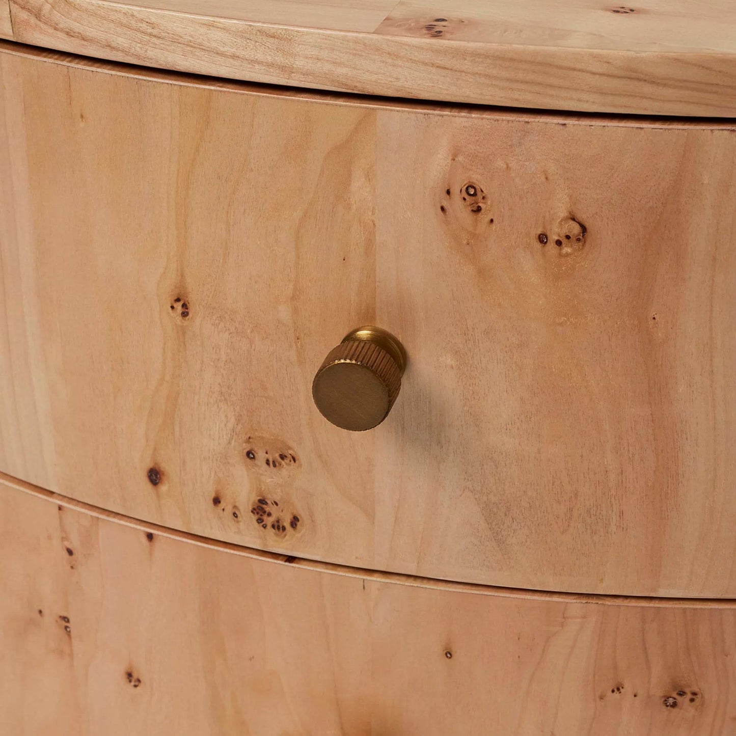 005 SI-2374478 | Closeup | Blaine Bedside Chest by Interlude Home in canyon, golden bronze. Made from burl, metal in a transitional style.
