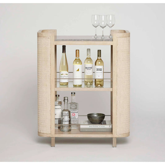Harperly Bar Cart by Interlude Home in washed taupe, fossil, satin aged bronze. Made from wood, raffia, marble, metal in a unique style.