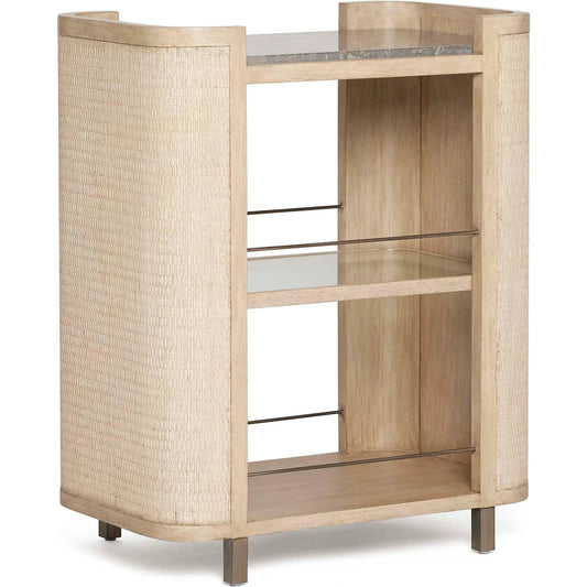 Harperly Bar Cart by Interlude Home in washed taupe, fossil, satin aged bronze. Made from wood, raffia, marble, metal in a unique style.