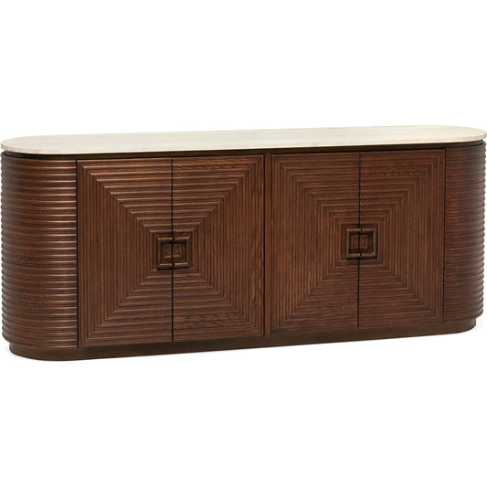 Marina Credenza by Interlude Home in classic walnut, raw travertine, antique brass. Made from oak, marble, metal in a traditional style.