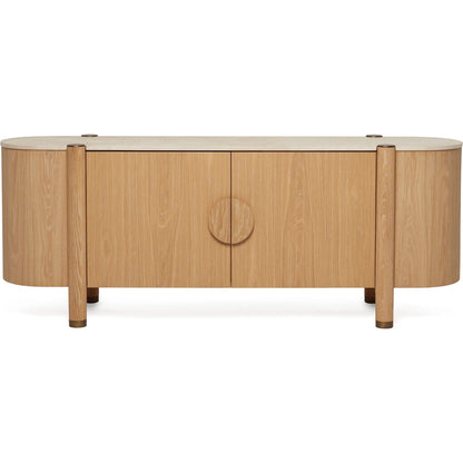 Thorne Credenza by Interlude Home in saddle, honey, antique brass. Made from oak, marble, iron in a transitional style.