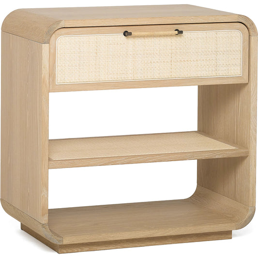 Marsh Tall Bedside Chest by Interlude Home in saddle, blonde, dark antique bronze. Made from oak, rattan, metal in a transitional style.