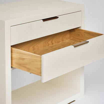 Montaigne Tall Bedside Chest by Interlude Home. Made from wood, faux linen, metal in a transitional style.