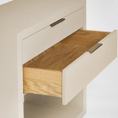 Montaigne Tall Bedside Chest by Interlude Home. Made from wood, faux linen, metal in a transitional style.