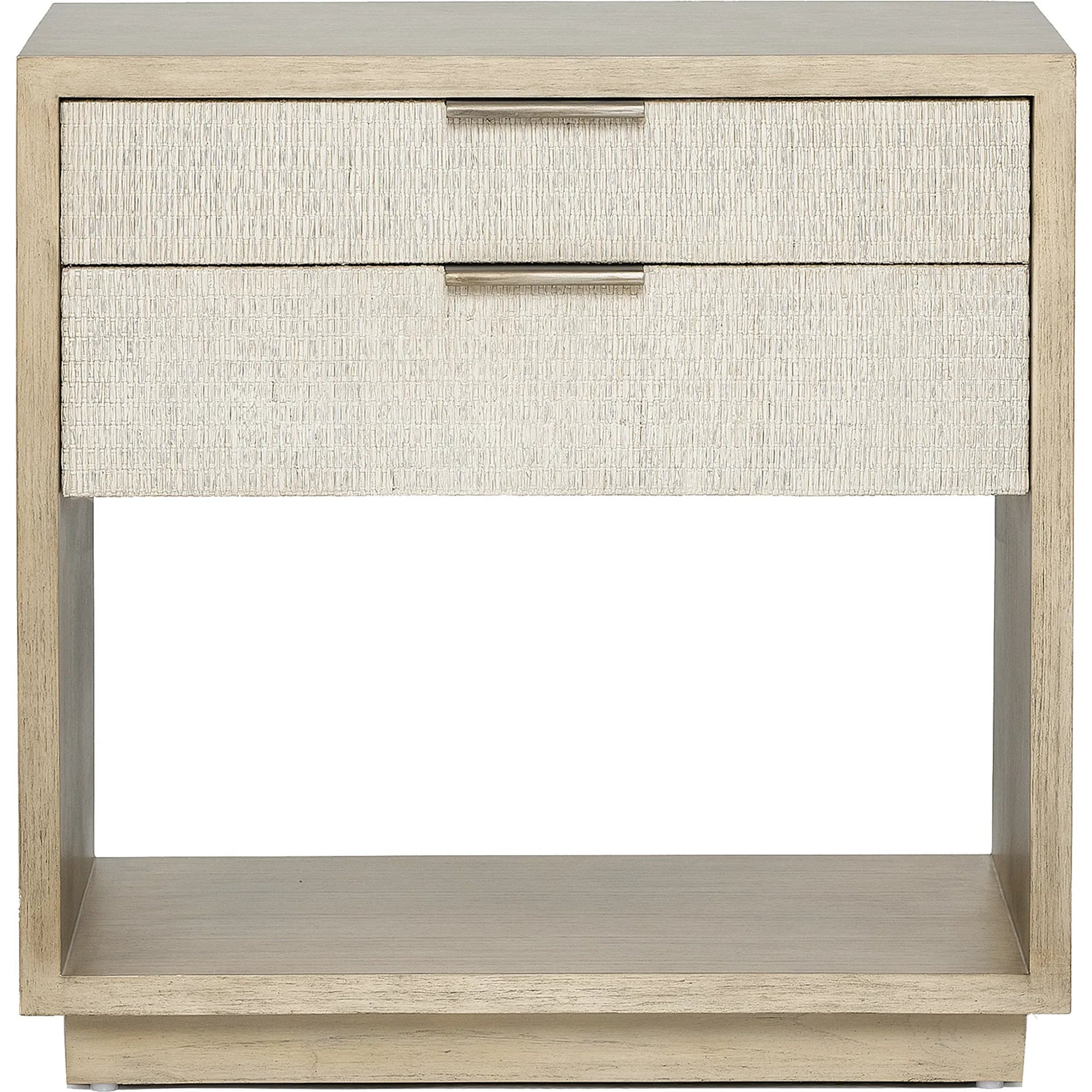 Harperly Tall Bedside Chest by Interlude Home in washed taupe, satin aged bronze. Made from sungkai wood, raffia, metal in a transitional style.