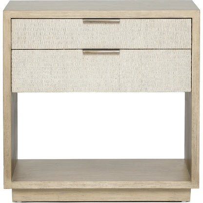 Harperly Tall Bedside Chest by Interlude Home in washed taupe, satin aged bronze. Made from sungkai wood, raffia, metal in a transitional style.