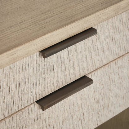 Harperly Tall Bedside Chest by Interlude Home in washed taupe, satin aged bronze. Made from sungkai wood, raffia, metal in a transitional style.