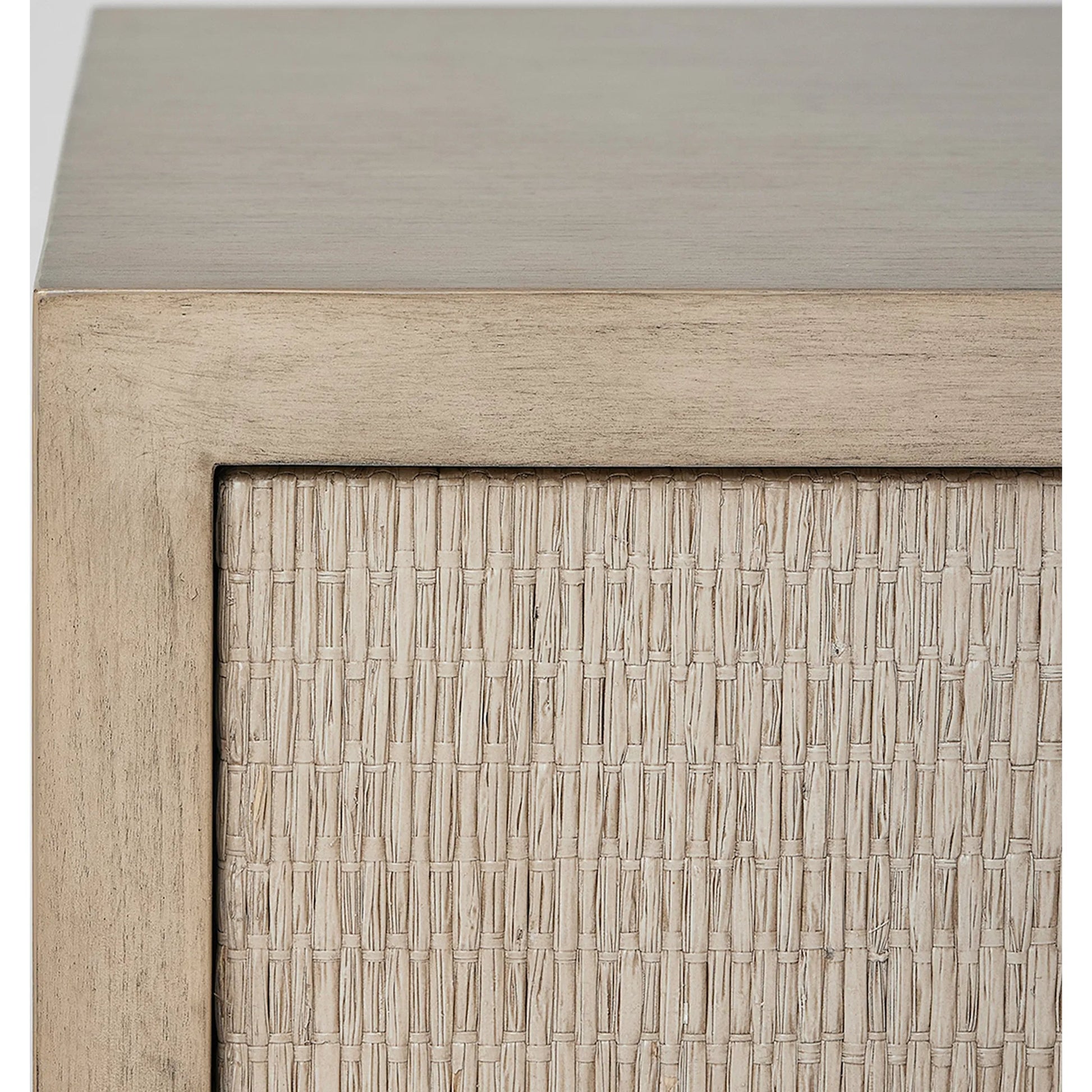 Harperly Tall Bedside Chest by Interlude Home in washed taupe, satin aged bronze. Made from sungkai wood, raffia, metal in a transitional style.