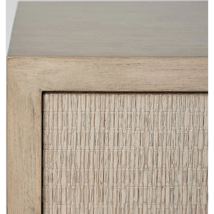 Harperly Tall Bedside Chest by Interlude Home in washed taupe, satin aged bronze. Made from sungkai wood, raffia, metal in a transitional style.