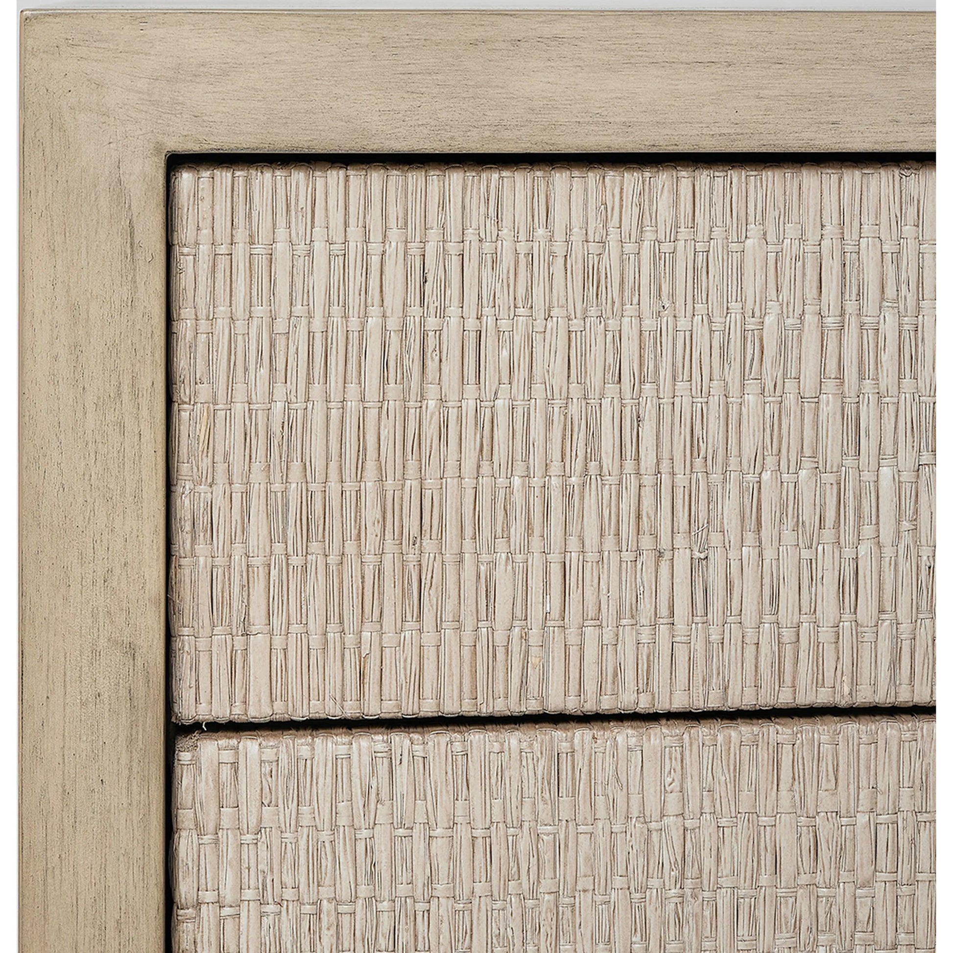 Harperly Tall Bedside Chest by Interlude Home in washed taupe, satin aged bronze. Made from sungkai wood, raffia, metal in a transitional style.